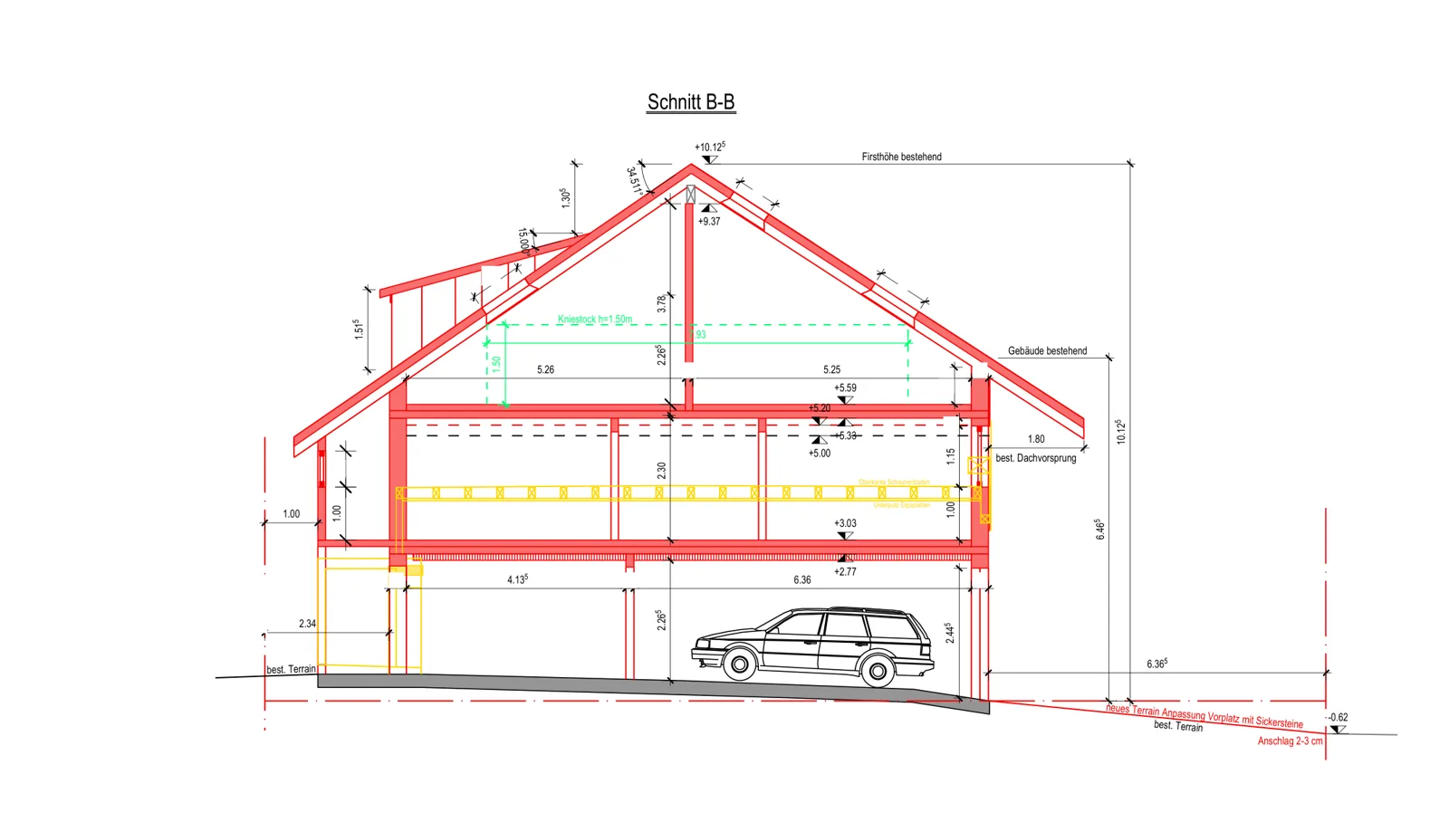 Baueingabeplan: Schnitt durch die umgebaute Scheune mit neuem Wohngeschoss und Garage